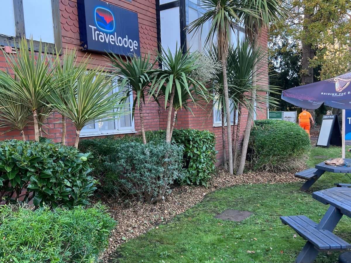 Lawn and planting outside a Travelodge
